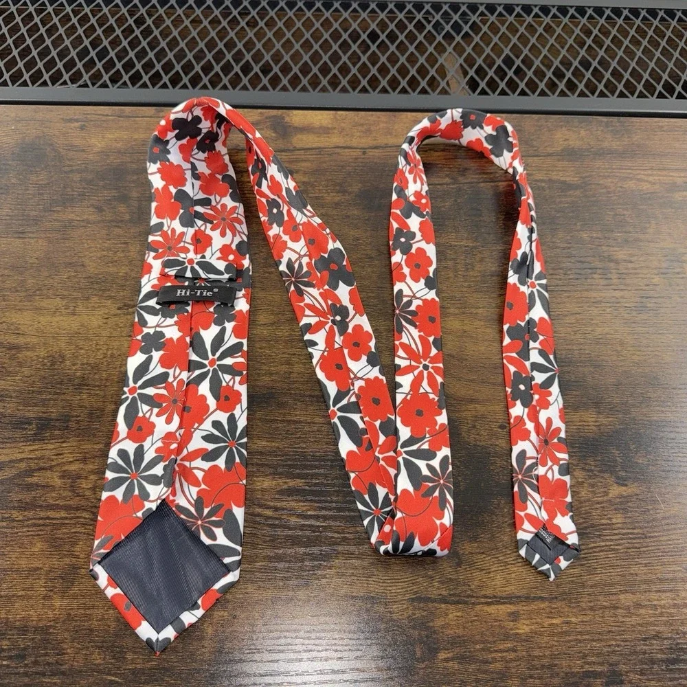 Hi-Tie Red Black White Floral Tie &‎ Pocket Square Set Mens Necktie Slim Skinny